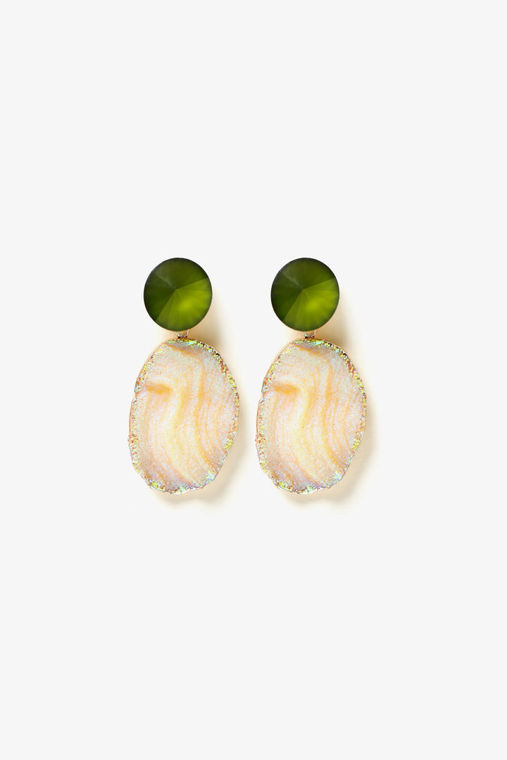 Iridescent Ore Drop Earrings by Min & Lith featuring olive-green faceted round studs and peach-toned oval drops with an iridescent finish.