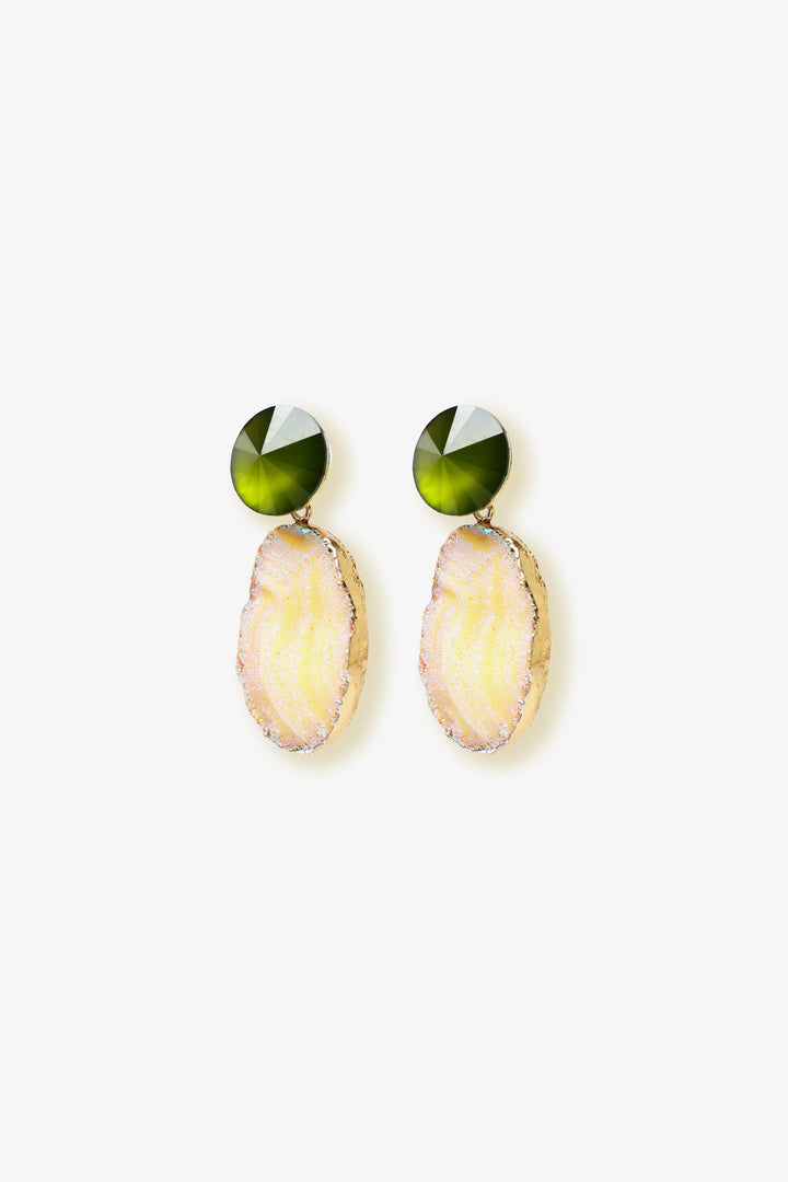 Iridescent Ore Drop Earrings by Min & Lith featuring olive-green faceted round studs and peach-toned oval drops with an iridescent finish.