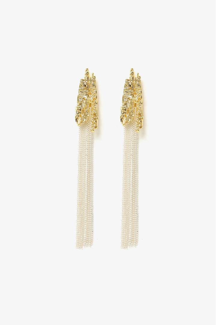 Molten cascade drop earrings with textured gold top and long chain tassels