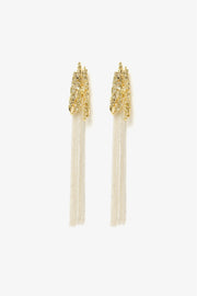 Molten cascade drop earrings with textured gold top and long chain tassels