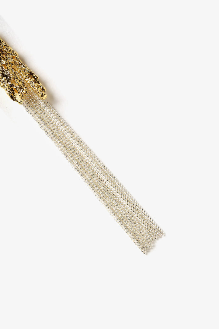 Molten cascade drop earrings with textured gold top and long chain tassels