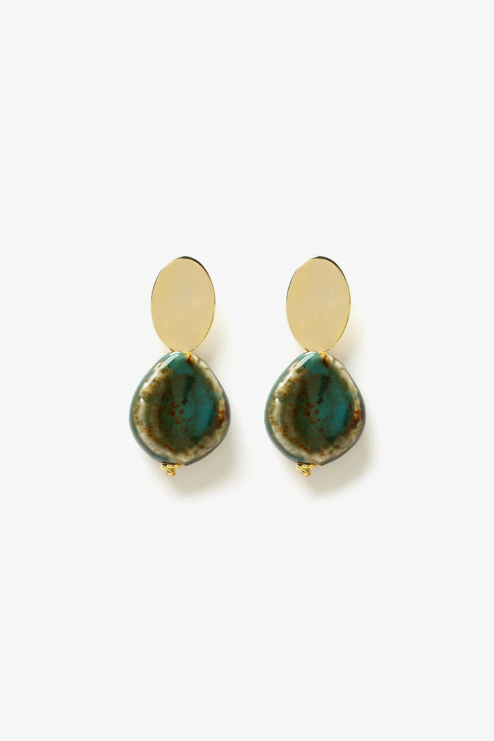 Patina Drop Earrings by Min & Lith featuring turquoise-green textured drops with earthy brown variations, gold-toned oval tops and decorative gold-toned details.