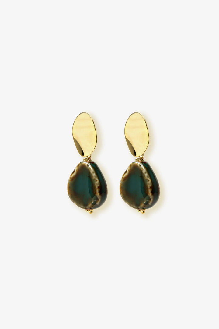 Patina Drop Earrings by Min & Lith featuring turquoise-green textured drops with earthy brown variations, gold-toned oval tops and decorative gold-toned details.