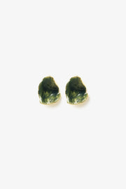 Verdant Stud Earrings by Min & Lith featuring irregular sculptural olive-green forms with gold-toned edges.