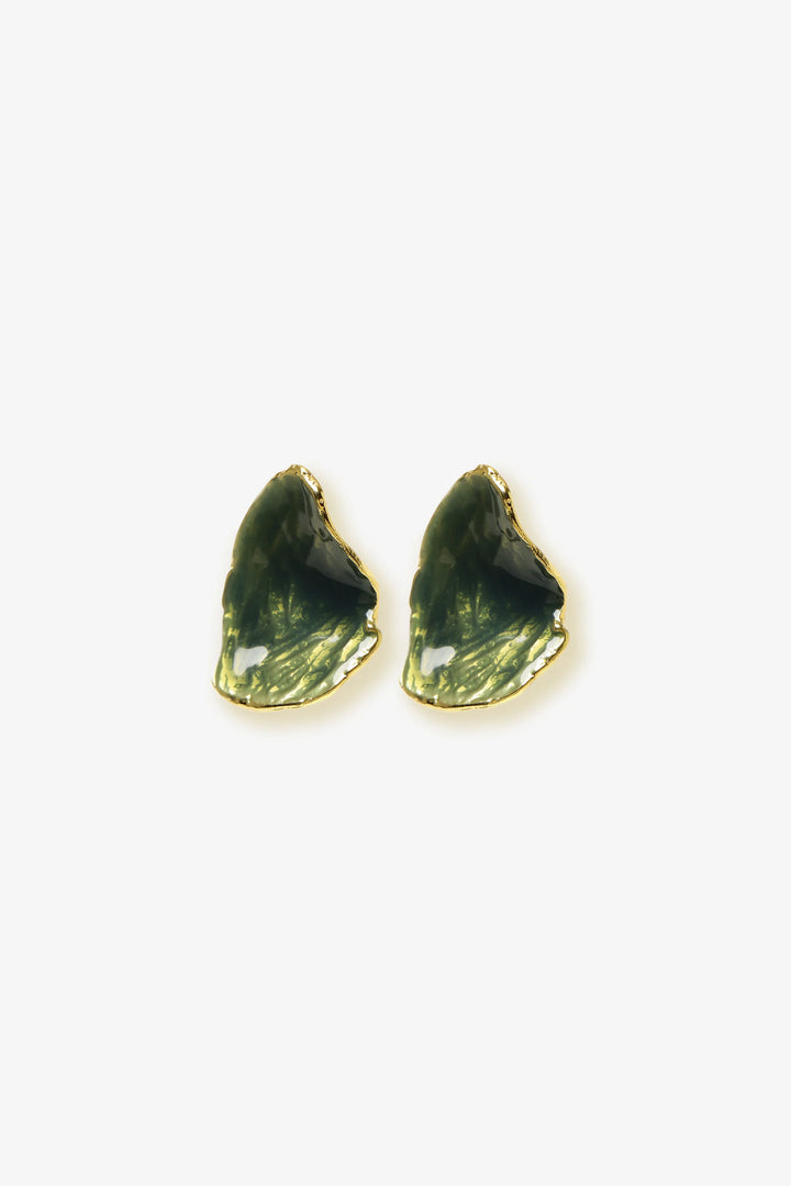 Verdant Stud Earrings by Min & Lith featuring irregular sculptural olive-green forms with gold-toned edges.