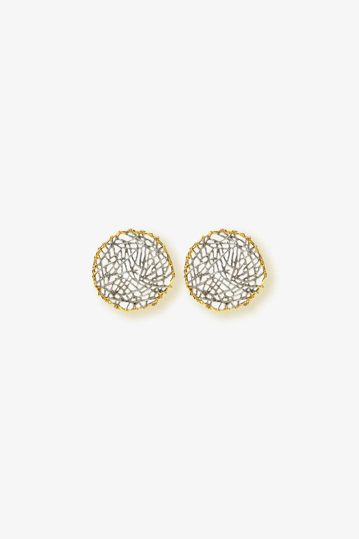 woven element stud earrings with mesh texture and circular sculptural design