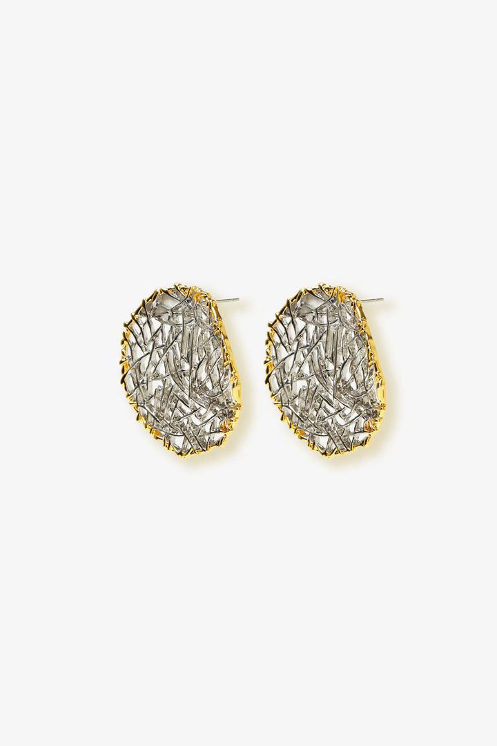 woven element stud earrings with mesh texture and circular sculptural design