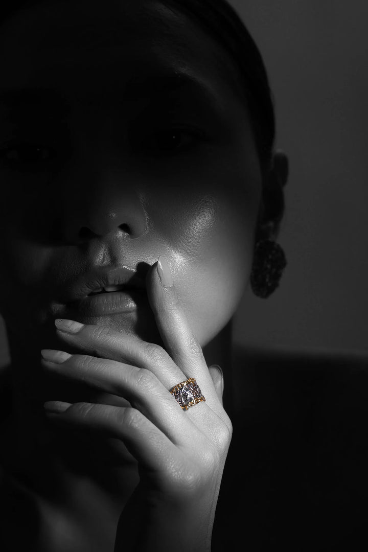 Woven element ring with textured dual tone finish in gold and silver